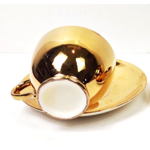 Antique Geo. H. Bowman & Son Gold Tea Cup Saucer 1920-40's Eggshell USA - Picture 6 of 8